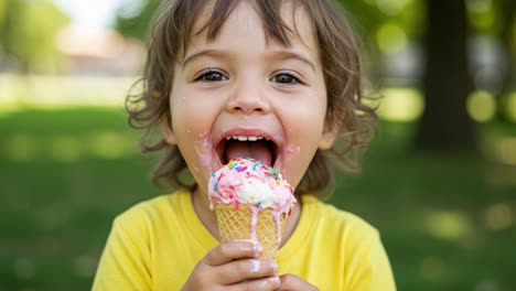 joyful child enjoying ice cream in a sunny outdoor park, delightful expression captured in two frames of sweetness and happiness