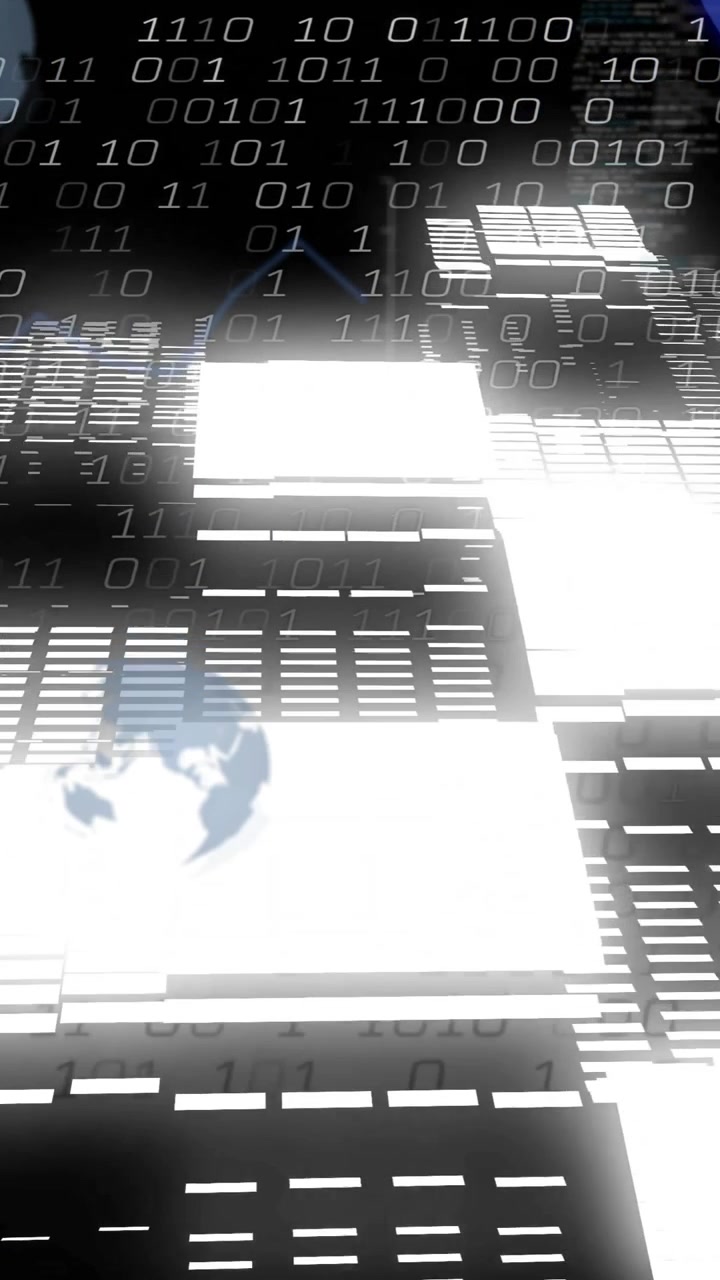 Animation of digital data processing with binary code and glowing shapes in motion