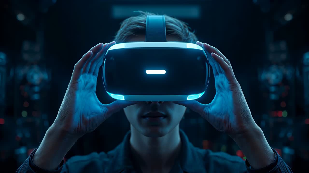 Picking VR headset, man in dark shirt aligning securing over eyes starting session in server room