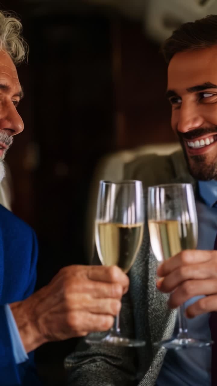 Festeggiare l'amicizia e il successo con brindisi in un ambiente elegante: due uomini che alzano i bicchieri insieme in un'atmosfera lussuosa