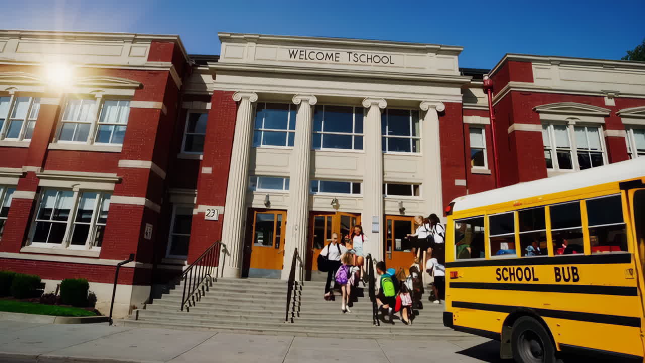 Children Entering and Exiting a School Building