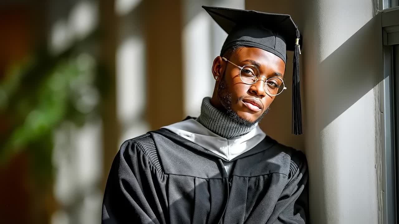 A man in a graduation cap and gown leaning against a wall
