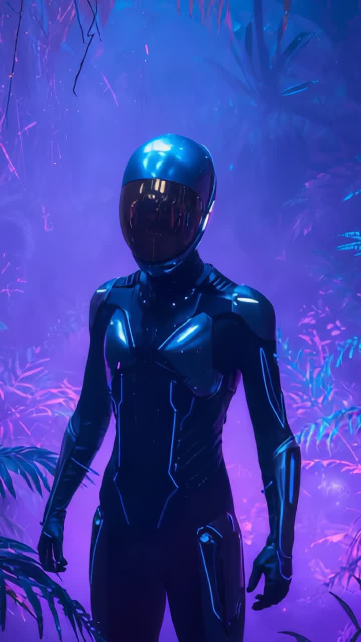 Vertical video: Raising armored explorer reading wrist device in neon-lit forest, glowing flora