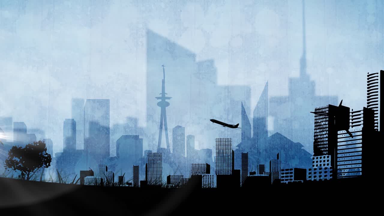 Animación de un avión despegando sobre una silueta de ciudad moderna en tonos azules.