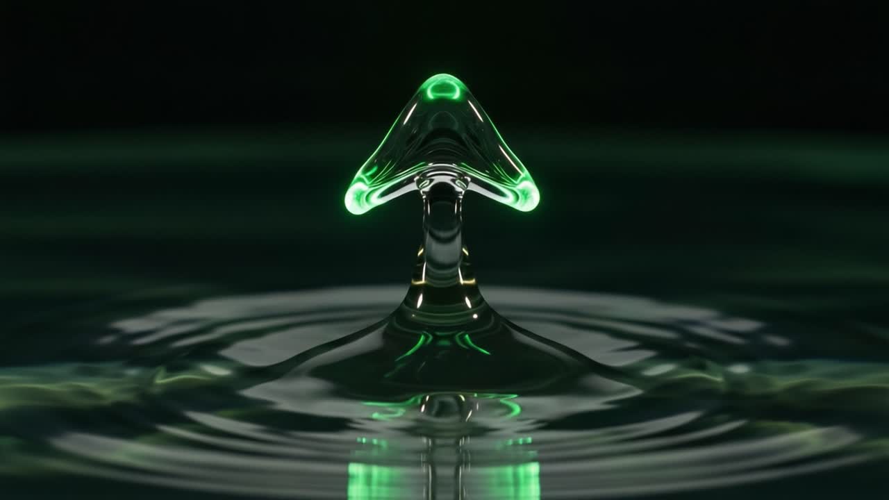 A Mesmerizing Green Water Droplet Formation Illuminated Against a Dark Background, Capturing the Intricate Beauty of Liquid Dynamics
