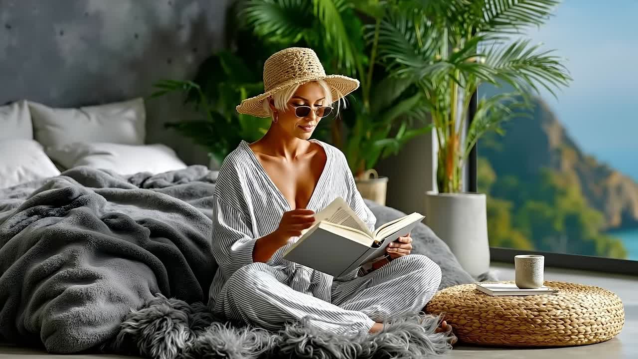 A woman sitting on a bed reading a book