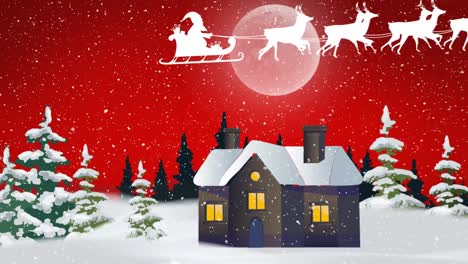 Animation-of-santa-claus-in-sleigh-with-reindeer-moving-over-moon-and-winter-landscape