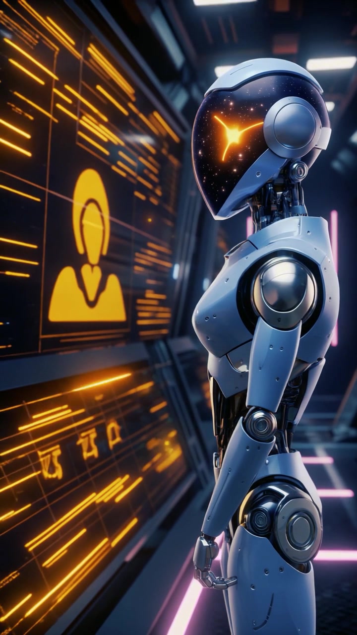 Androide futuristico in piedi in una sala di controllo digitale ad alta tecnologia