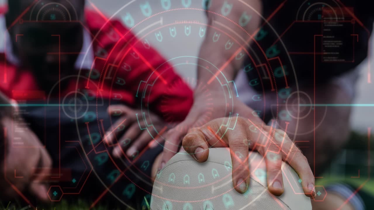 animación de escaneo de alcance sobre diversos jugadores de rugby masculinos con la pelota en el estadio