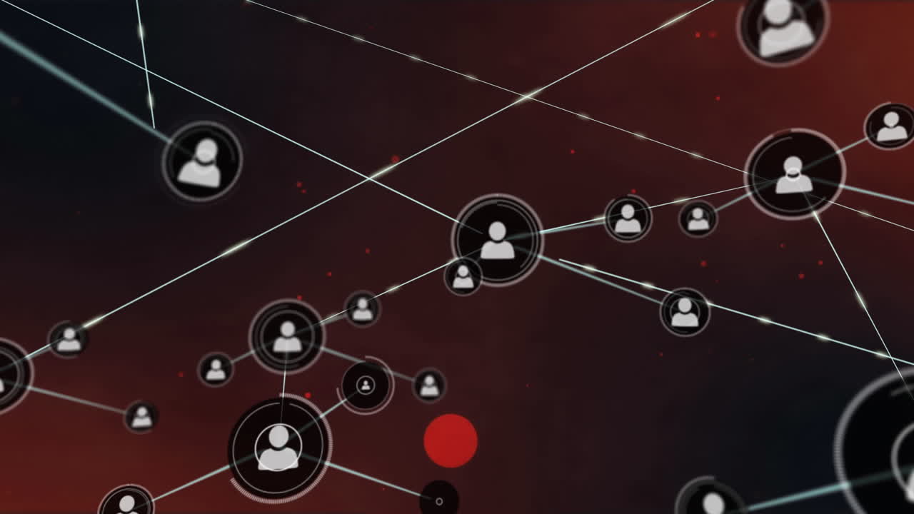 animación de la red de conexiones con iconos de personas digitales sobre manchas rojas