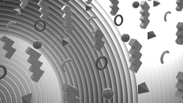 Animation of abstract 3d shapes over moving grey circular surface