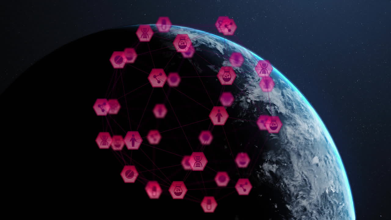 Animation showing pink hexagonal icons forming network over Earth's surface in space