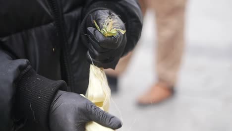 person husking corn
