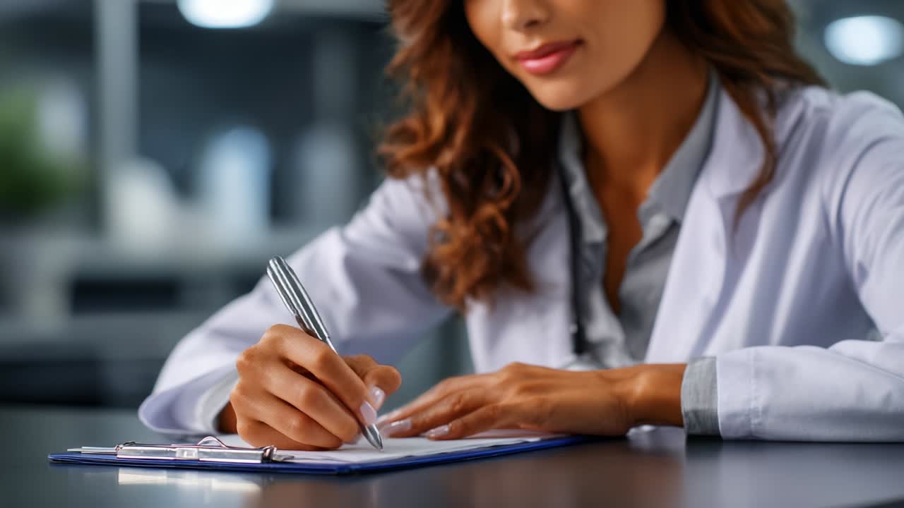 Un professionista sanitario concentrato annota diligentemente informazioni importanti, dimostrando impegno e attenzione ai dettagli in un moderno ambiente clinico, mantenendo al contempo un aspetto curato