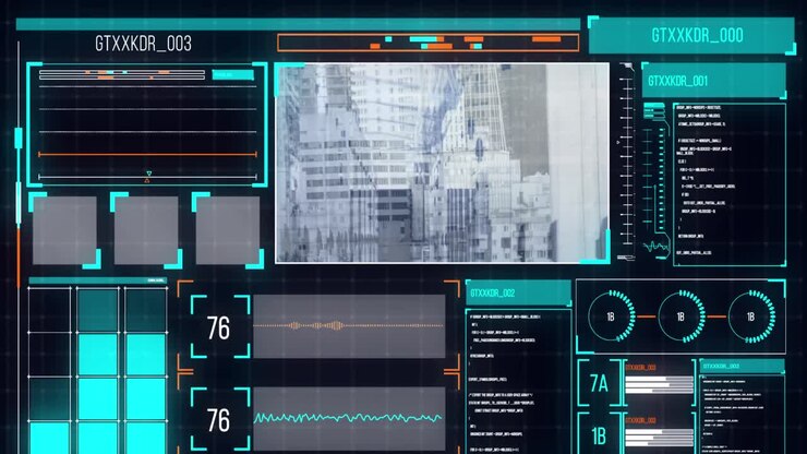 Animation of data processing over cityscape and screens