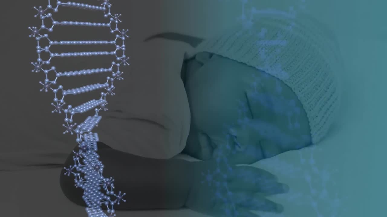 잠자는 아기 위에서 회전하는 3d 파란색 dna  ⁇ 의 애니메이션