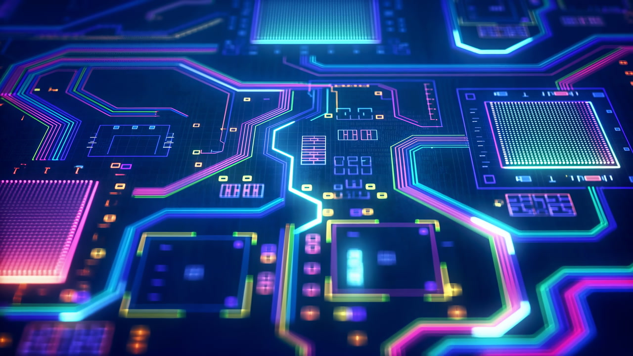 Colorful Motherboard Traces And Chips In Closeup, Glowing Pcb Routes, Illuminated Pads, Microcomponents
