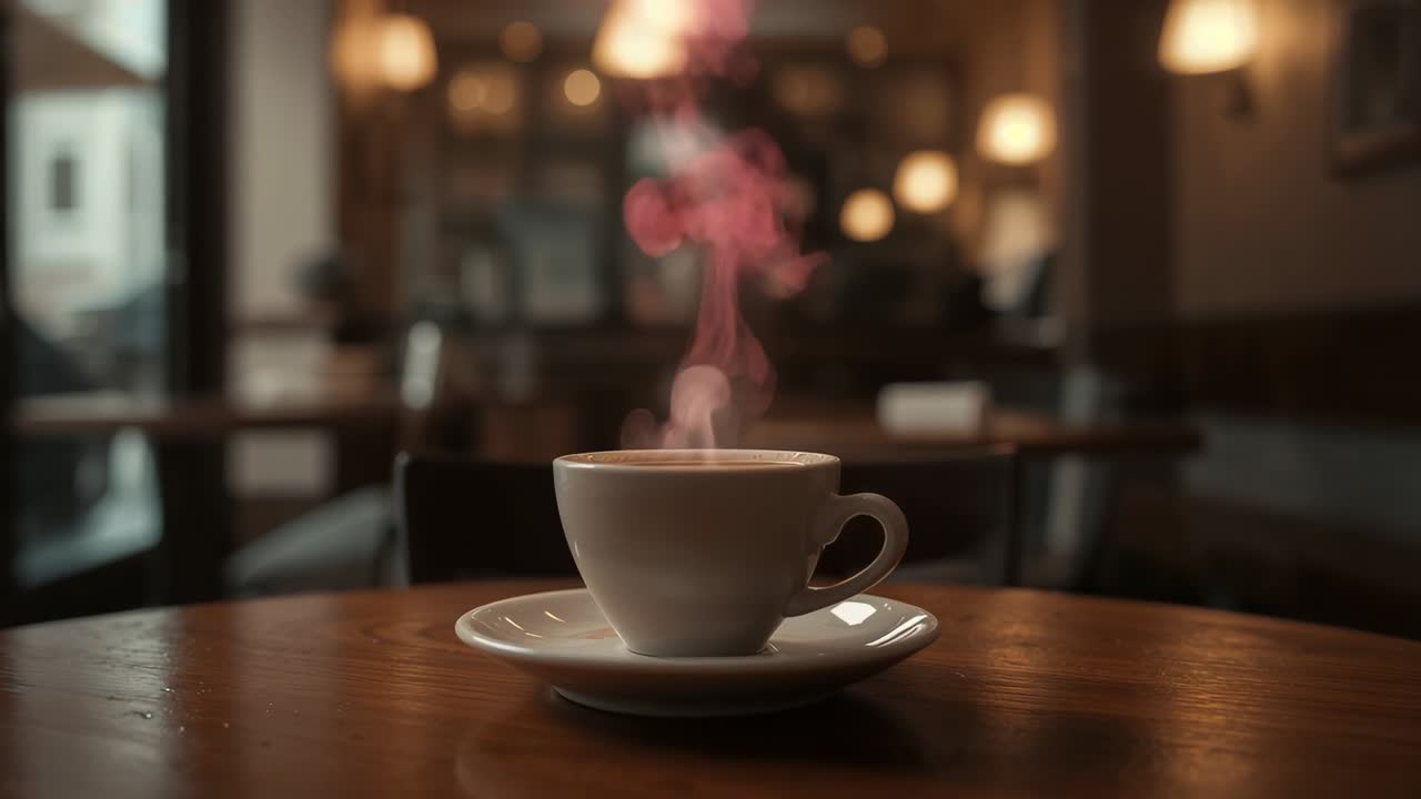 Heat causing pink steam swirling above white coffee cup on wooden table in cafe