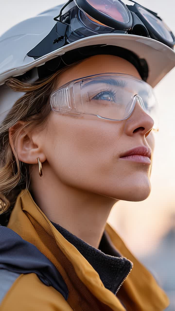 Focused Engineer in Safety Gear Contemplating Future Challenges in Urban Environment, Displaying Professionalism and Dedication to Her Craft