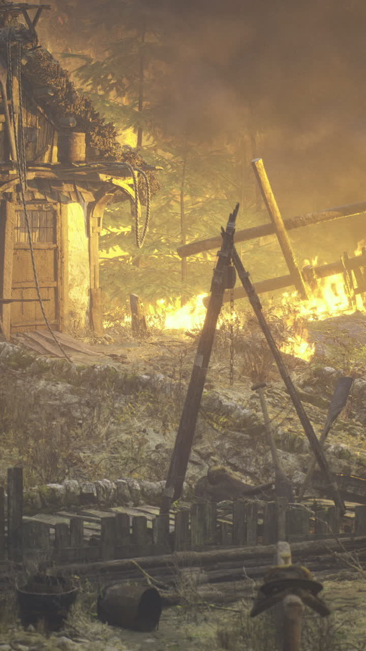 Destruction unfolds as flames consume a rustic cabin in the forest