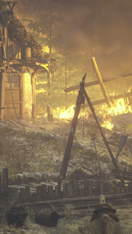 destruction unfolds as flames consume a rustic cabin in the forest