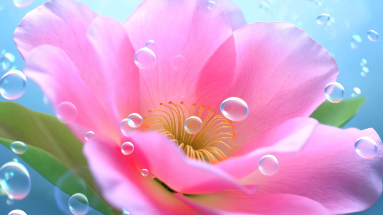 Primo piano di un delicato fiore rosa con petali morbidi e un centro giallo, circondato da bolle traslucide su uno sfondo blu brillante