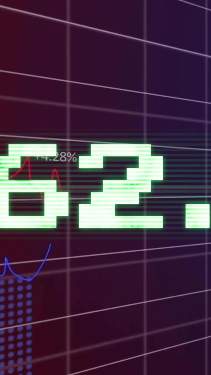Animazione dell'elaborazione di dati finanziari su griglia su sfondo scuro