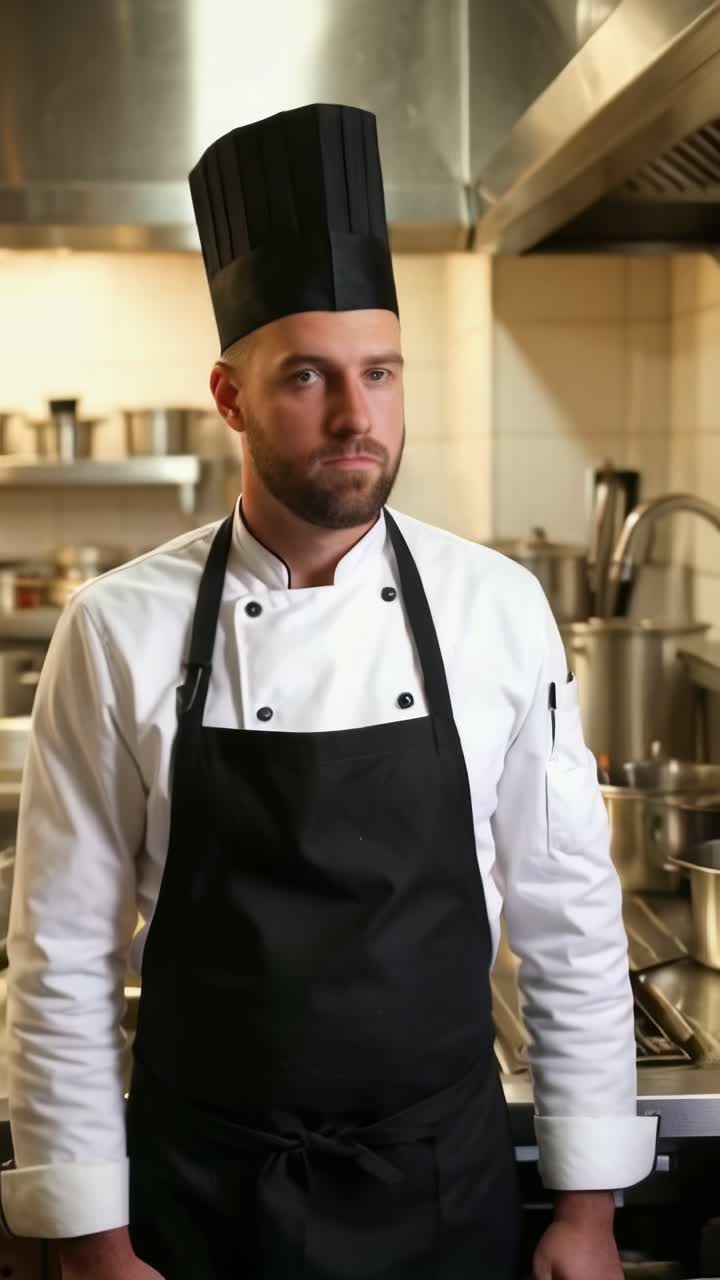 A chef stands in a kitchen wearing a black apron and a black chef hat