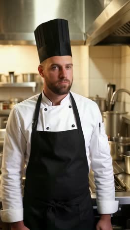 a chef stands in a kitchen wearing a black apron and a black chef hat