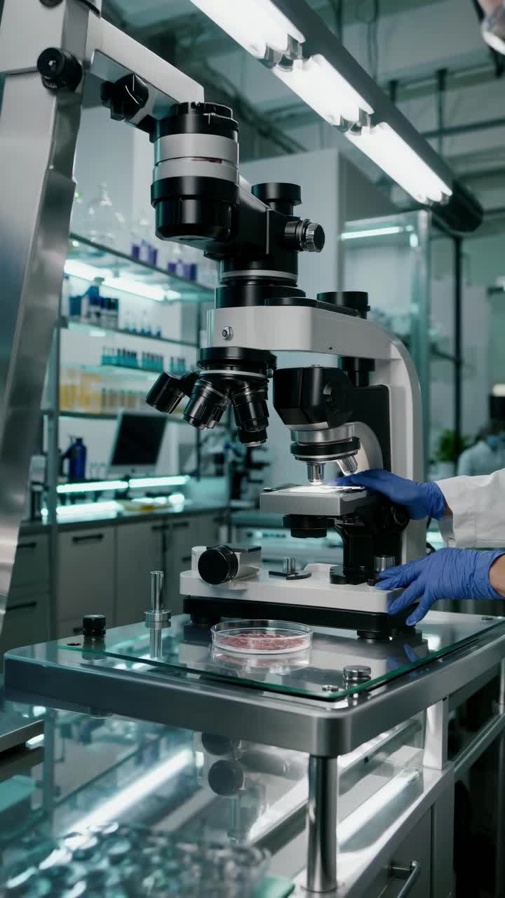 A video still of a scientist in a lab, captured from a side angle