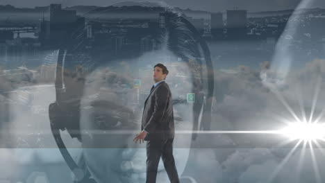 animation of businessman touching interactive screen with businesswoman and cityscape