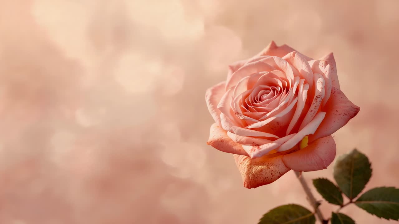 Spostamento della camera stringendo su una rosa color pesca-rosa a destra, che mostra petali e foglie maculati, spazio per la copia