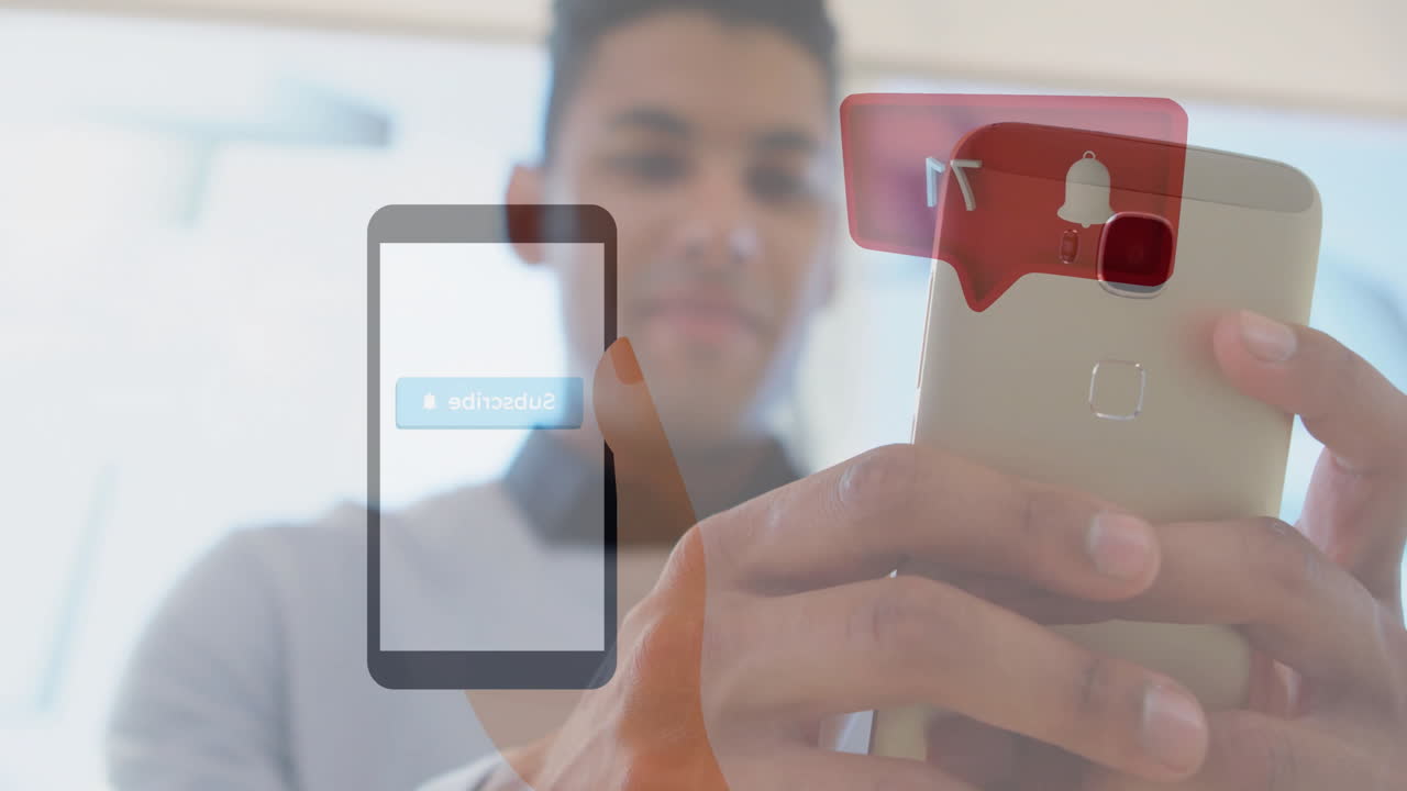 Holding smartphone, person seeing subscribe notification animation overlay on screen