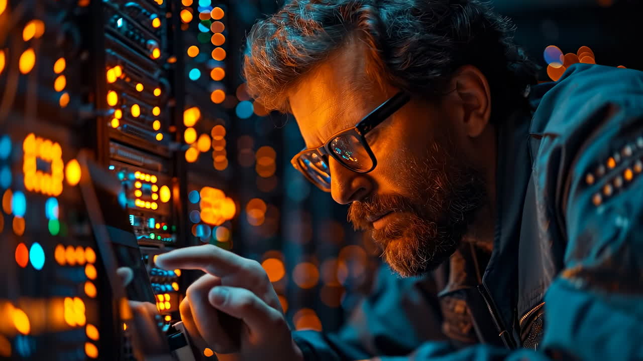 Expert working on data server at night. A focused professional examines a data server in a dimly lit room filled with glowing lights and equipment