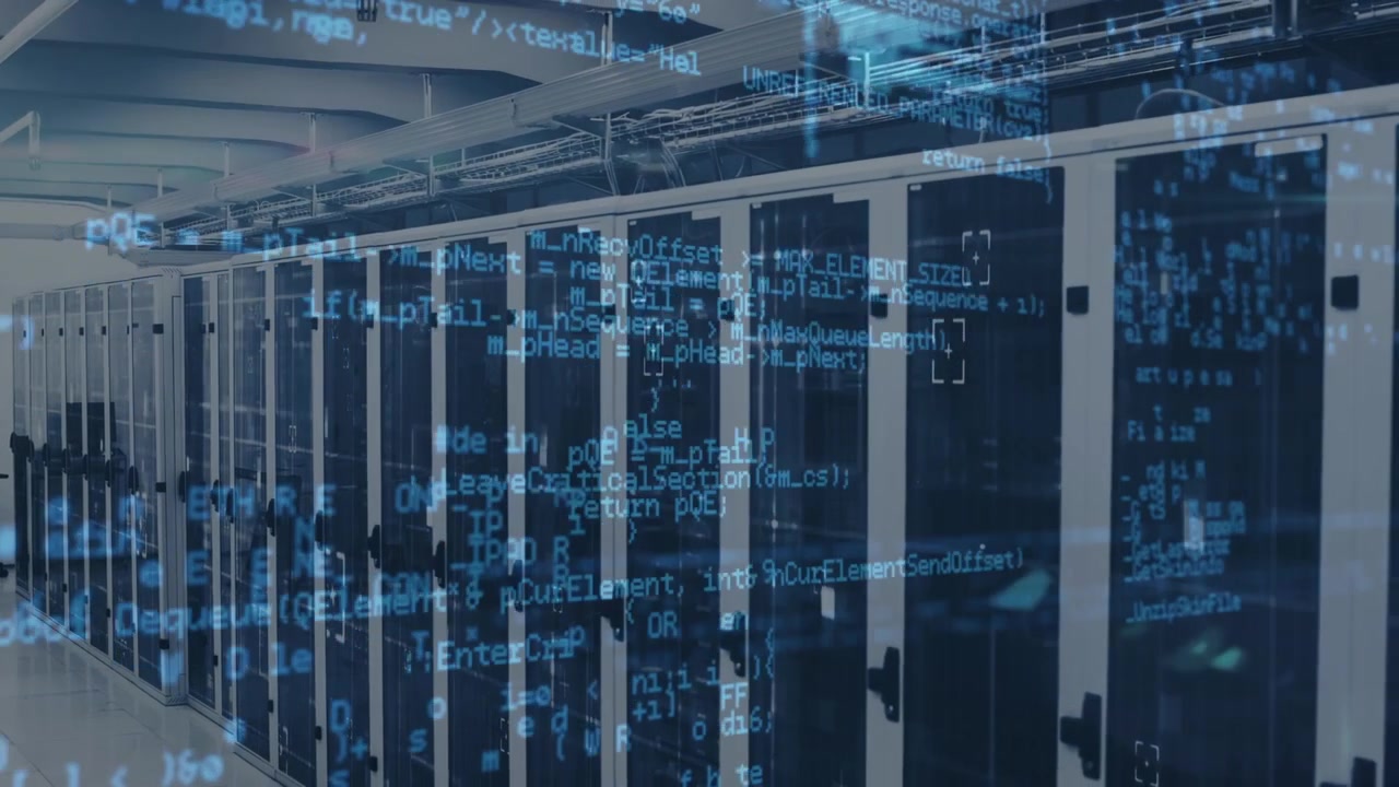 Animation of data processing against empty computer server room