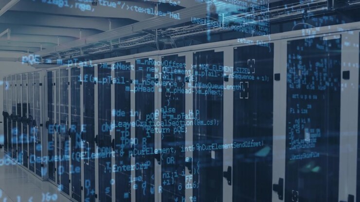 Animation of data processing against empty computer server room
