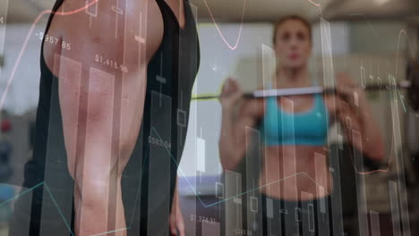 animación del procesamiento de datos financieros sobre una pareja caucásica haciendo ejercicio en el gimnasio