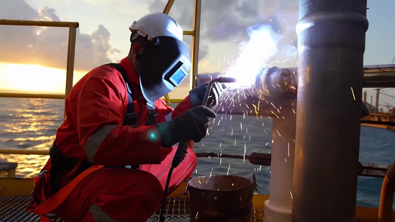 Offshore Oil Rig Worker Performing Maintenance and Welding at Sunset