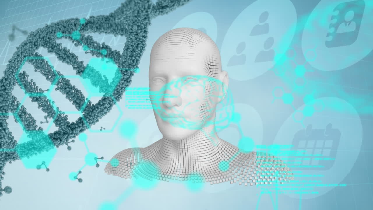 animação de dna e processamento de dados diversos sobre modelo humano em fundo digital azul
