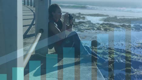 procesamiento de datos estadísticos contra mujeres que miran fotos mientras están sentadas en el paseo marítimo