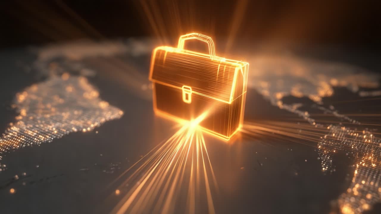 Digital wireframe briefcase icon glowing with golden light, floating over a stylized world map made of particles, representing global business, international trade, and corporate strategy