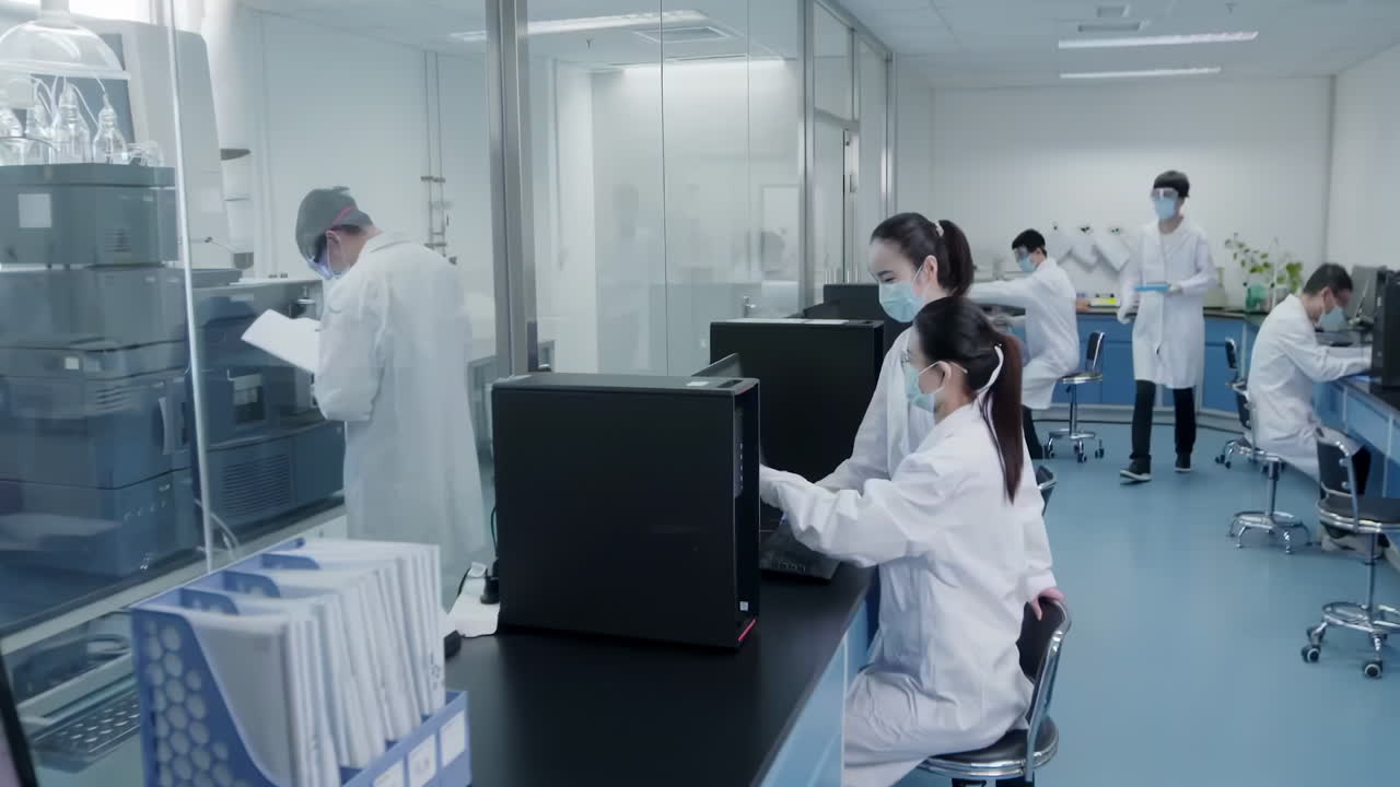Biotechnology scientists or researchers working together in biological laboratory, carrying out experiments, analyzing their findings using microscope, test tubes and advanced equipment for analysis