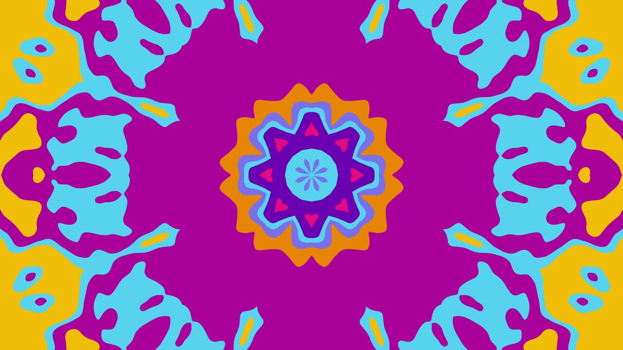 Abstract Kaleidoscopic Mandala – Loopable Pattern of Swirling Colors and Geometric Symmetry - orange, purple, and blue swirling patterns, shifting and morphing in a seamless, hypnotic loop