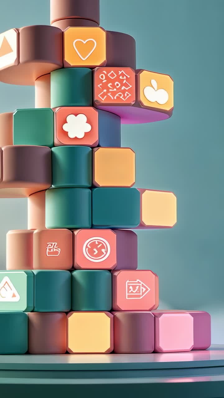Vertical video: Initiating rotation, block tower revealing icon faces for display on round platform