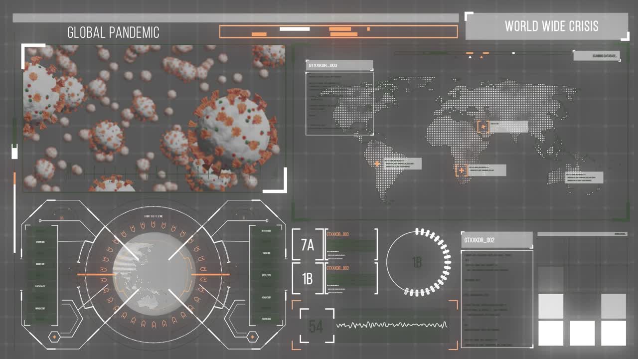 Animation of biological data and virus cells processing on brown digital screen
