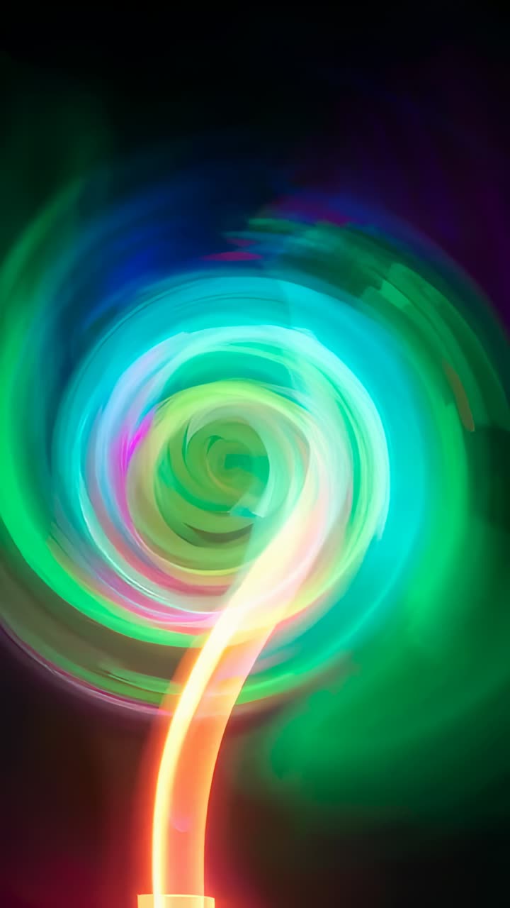Vertical video: Frame shift causing rotating luminous spiral moving in void, ribbon threading rings