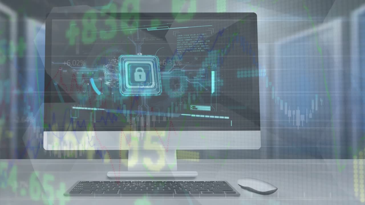 Animation of stock market data processing against security padlock icon on computer screen