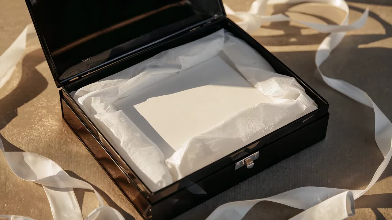 Shifting light moving triangle shadow on open black hinged box on tabletop, revealing white tissue
