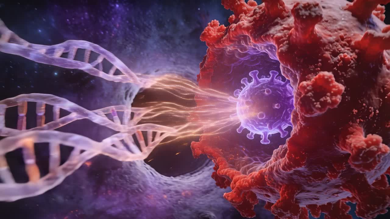 Particella rossa appuntita che accetta eliche di DNA in arrivo, formando una giunzione luminosa ed eruttando per la scienza.