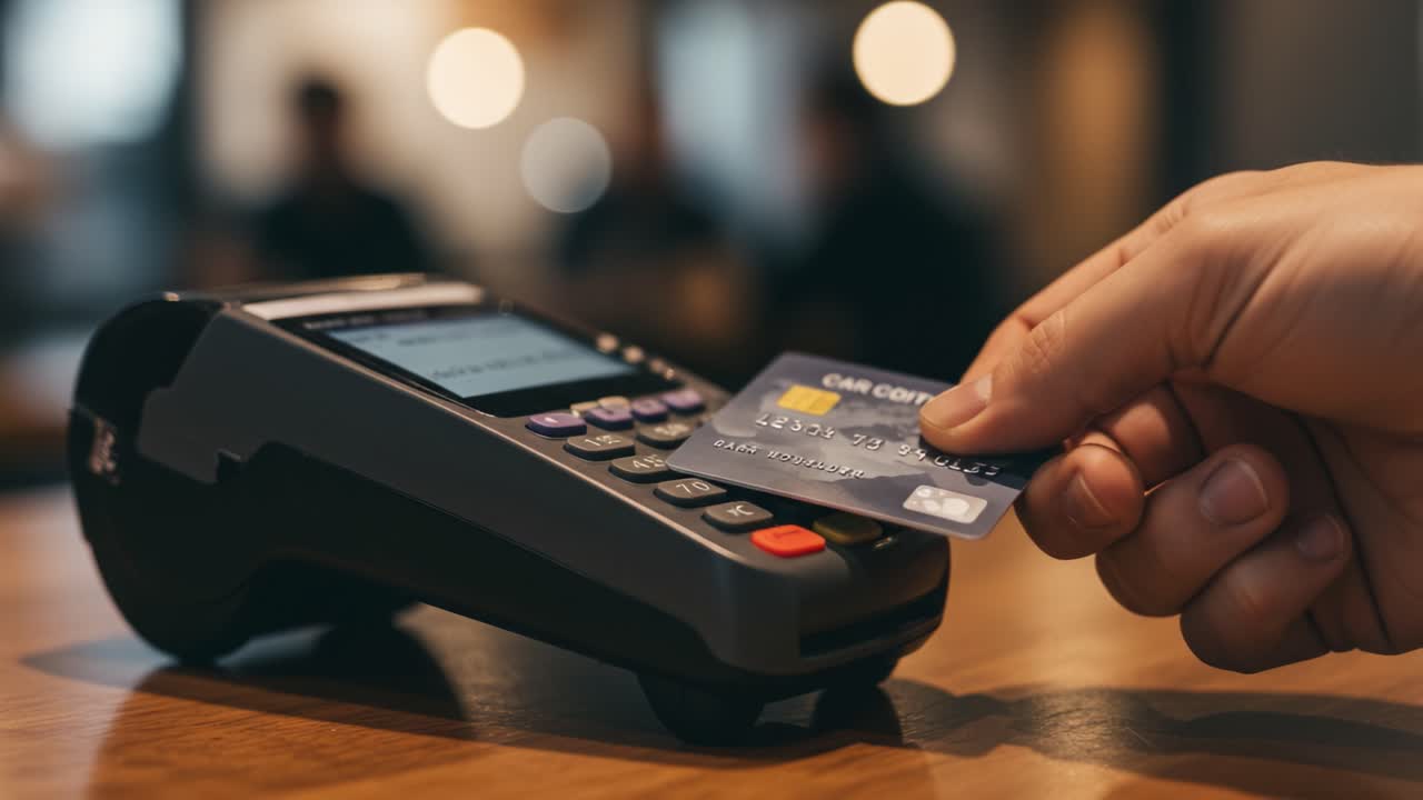 Contactless credit card payment at restaurant point of sale terminal, showcasing wireless transaction on wooden table with blurred background